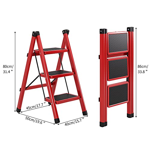 Joiscope 3 Step Ladder, Folding Step Stool With Upgraded Widening And Thicken Non-Slip Pedals, Capacity, Portable & Collapsible Steel Stepladder For Home And Courtyard, Red. #TOP3