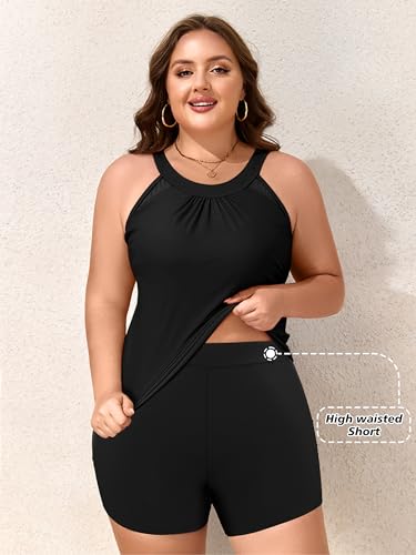 Plus Size Tankini Swimsuits with Shorts - Tummy Control Two Piece Blouson Bathing Suits High Neck Swimwear2