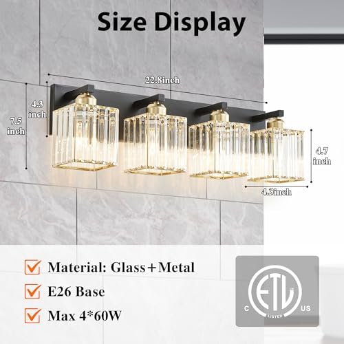 Image of Bathroom Vanity Light Fixtures Over Mirror 4 Crystal Lights - Makeup Lighting Black Gold - for Modern Wall, Bath, Desk, Farmhouse, Hallway