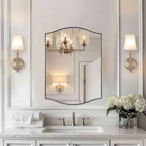 Image of ANDY STAR Brushed Nickel Bathroom Mirror, 20 inchx30 inch Scalloped Wall Mirror in Stainless Steel Metal Frame, Unique Vanity Mirror with Modern Curved Edge Design, Ideal for Bathroom, Bedroom, Entryway