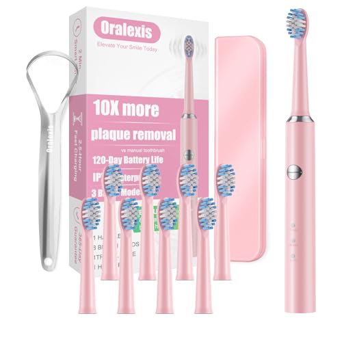 Image of Electric Toothbrush for Adults with 8 Brush Heads and Tongue Scraper, 2 Minute Smart Timer, One Fast Charge Last 120 Days, 40000 VPM Deep Clean, Sonic Travel Toothbrush - Rose