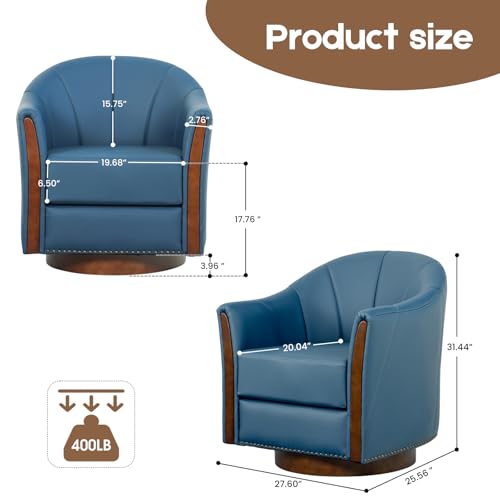 Image of 360 Swivel Accent Chair, Modern Leather Barrel Club Chair with Leather Upholstery and Sturdy Wood Base, Comfortable Armchair for Living Room, Bedroom, Reading Nook, Blue