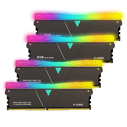 【4枚セット】v-color Hynix IC デスクトップPC用 ゲーミングメモリ 2+2 RGB (発光型) DDR4-3200MHz PC4-25600 32GB (16GB×2枚) U-DIMM 1.35V CL16 ヒートシンク付き SCC-TL1632816C-E6PRKWK
