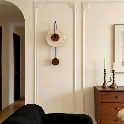 Modern Travertine Wall Sconce Beige Yellow Stone Disc Dark Brown Wood Base Black Iron Pipe 22.8 Inch Height 9.8 Inch Width LED Wall Light Fixture for Bedroom Living Room Hallway - Image 3