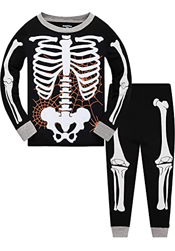 Jungen Skelett Pyjama Sets für Halloween Kinder Outfit Nachtwäsche Kleinkind Leuchtet im Dunkeln Kürbis Nachtwäsche Kinder Baumwolle Langarm Baby PJS 2 Stück Kleidung, Skelett 2, 8 Jahre