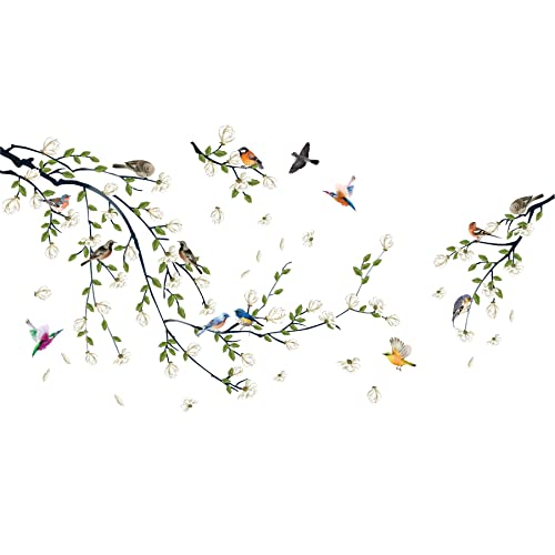 4 Sheets Magnolia Branches Wall Decals White Flowers Wall Stickers Diy Removable Colorful Birds Wall Sticker Petals Falling Home Decoration For Girls Bedroom Living Room Kitchen Bathroom Tv Background #TOP7