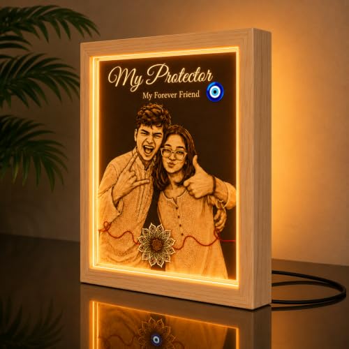 Image of Personalized Raksha Bandhan Acrylic LED Lamp with Custom Photo (Design 8) | Night Light, Brother Sister, Free Rakhi Included, Custom Photo