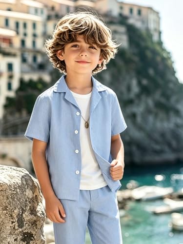 Image of Verdusa Boy's 2 Piece Sets Linen Set Going Out Summer Outfits Button Up Shirt and Pants Set Matching Sets