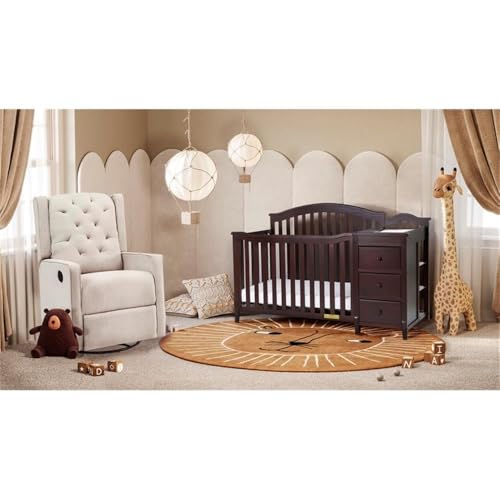 Image of Pemberly Row Solid Wood 4-in-1 Convertible Crib & Changer, Espresso Finish, Includes Changing Pad, 3 Drawers & Shelves, Adjustable Mattress Support, Space-Saving Nursery Furniture for Baby Room