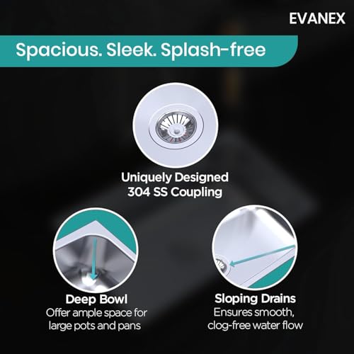Image of EVANEX Kitchen Sink 24x18x10 Inch Hydraulic Sink Single Bowl 304 Stainless Steel Sinks for Kitchen Basin | Glossy Finish Indian Kitchen Sink Including Coupling, Waste Pipe | Kitchen Sinks