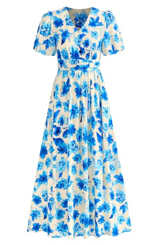 Image of PRETTYGARDEN Womes Boho Maxi Dresses 2026 Summer Spring V Neck Puff Sleeve Empire Waist A Line Flowy Long Beach Floral Dress