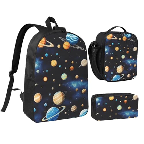 Outer Space Planets print Backpack Bookbag for Daily Use,3 Pcs Backpack Set with Lunch Box and Pencil Case