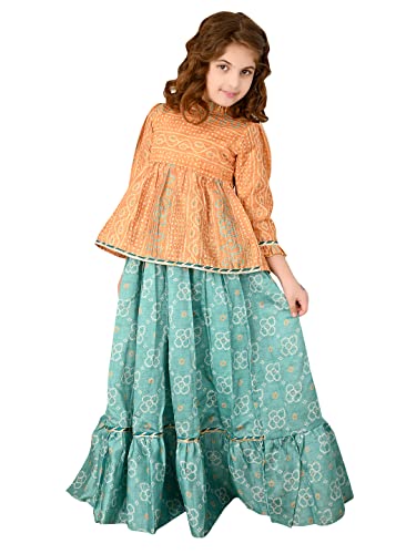 Image of LILPICKS Girls Bandhani Printed Peplum Choli with Lehenga Set (Yellow Blue)