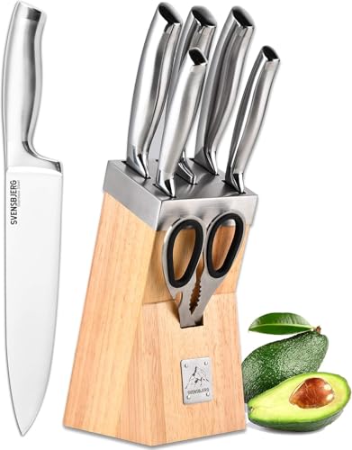 Svensbjerg Messer-Set, 5-tlg, Küchenmesserset, Kochmesser-Set, Chef-Messer, Scharfe Edelstahlmesser | Küche, Obst, Gemüse, Fleisch, hochwertige Profimesser (Küchenmesserset + Messerblock MB201)