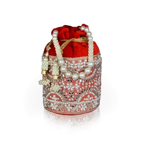 Kundhadiya Collections Pearl Potli Bags for Women | Potli Bags for Ladies | Potli Bags for Ladies for Wedding (Red)
