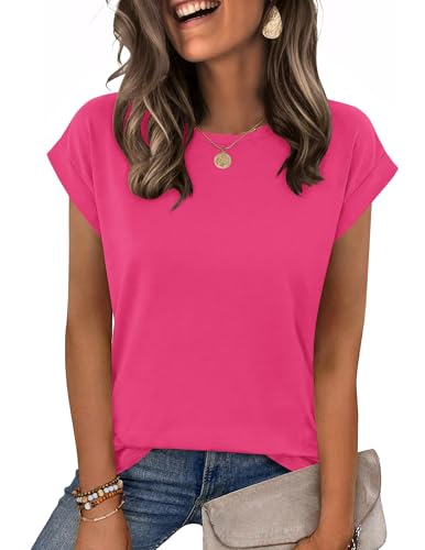 Zeagoo T-Shirts für Damen Casual Bluse Sommer Locker Tops Rundhals Oberteile Kurzarm Shirt Magenta XXL