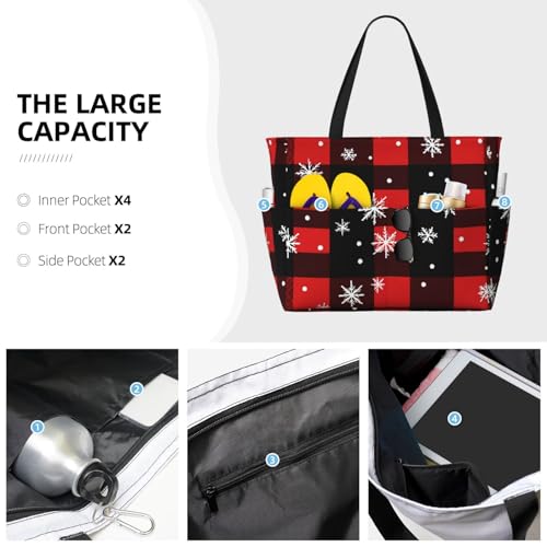 Buffalo Plaid Snowflake Beach Bag Vintage Pool Bag for Women Waterproof Large Travel Tote with Zipper Organizer for Swimming Vacation Essentials3