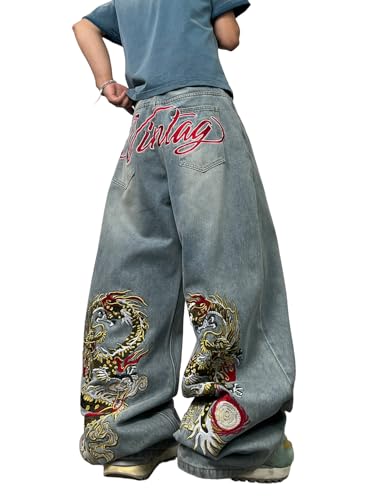 DFGIGT Men's Baggy Jeans Dragon Embroidered Wide Leg Jeans Hip Hop Loose Fit Denim Pants Streetwear Y2k 2000s Jinco Extra Oversized Relaxed Extreme Skateboard Vintage,M15 Light Blue,X-Large