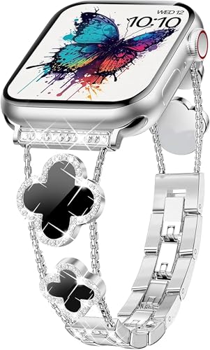 NYENEIL Compatible with Apple Watch Ultra Band 38MM 40MM 41MM 42MM Series 10 9 8 7 6 5 4 3 2 1 Smartwatch wistband Bracelet Strap Lucky clover Bracelet iWatch Band for Women Silver/Black - image 1