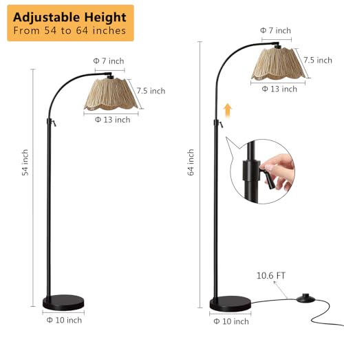 Image of 64'' Adjustable Arc Floor Lamp with Woven Pleated Shade, Black