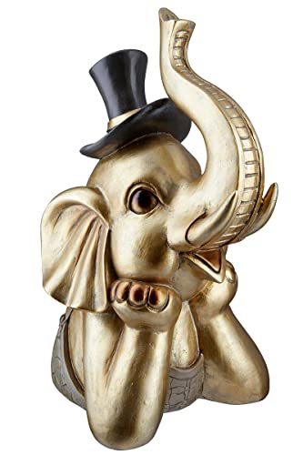 GILDE Deko Figur Skulptur Elefant mit Zylinder - Tierfigur aus Kunstharz - Dekoration Wohnzimmer - Farbe: Gold - Höhe 29 cm