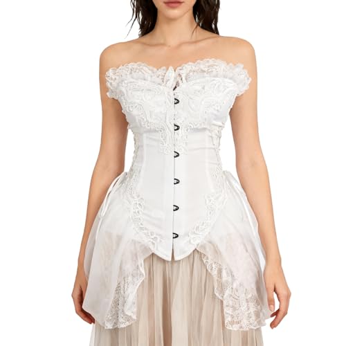Image of Charmian Women's Gothic Victorian Strapless Floral Lace Corset Bustier Top | Corset with Skirt, Embroidery and Lace Trim, Ribbon Lace-up Back