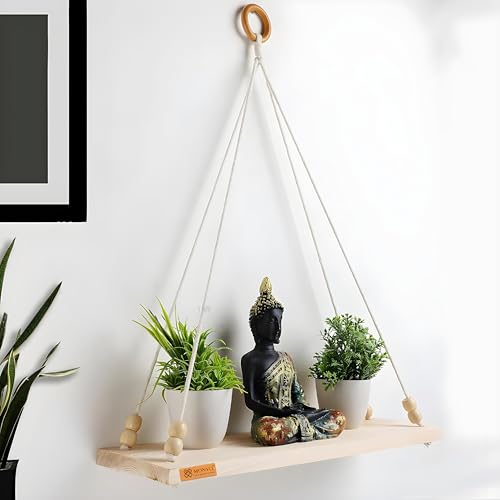 Image of Hanging Shelf with Magic Hook, Use Decor Plants, Books, Decorative Gift Items Nursery Livingroom Wooden Beads & Ring Woven Bohemian Chic for Dorm
