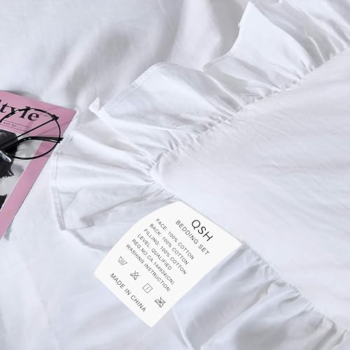 Image of QSH White Ruffle California King Duvet Cover, Washed Cotton Farmhouse Shabby Boho Chic Bedding Comforter Quilt Cover Oversized Vintage Rustic French Country Aesthetic Bedding 3 Pieces