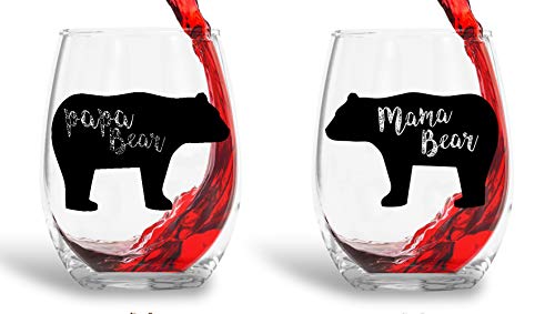 Mama Bear, Papa Bear - 15oz Crystal Wine Glasses - Couples Stemless Wine Glasses – His And Hers Gifts Ideas For Anniversary, Weddings, Bridal Showers