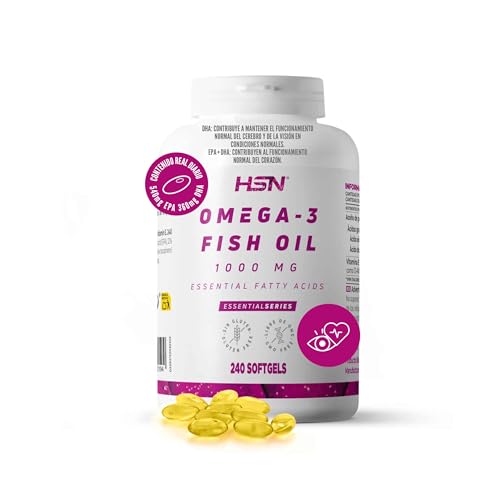 HSN Omega 3 1000mg Aceite de Pescado (18% EPA + 12% DHA) | 240 Perlas | Con Vitamina E | Ausencia de Contaminantes y Oxidación | Sin Olor ni Sabor | No-GMO, Sin Gluten ni Lactosa