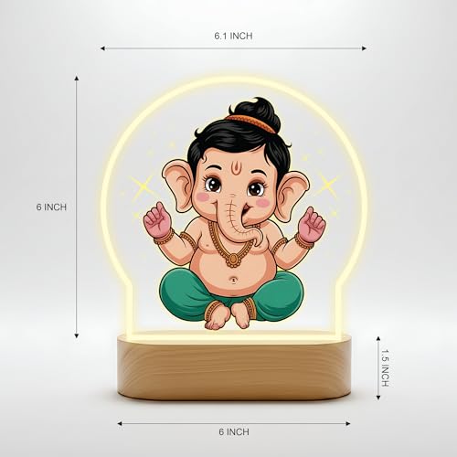 Image of Giftplease Cute Baby Ganesha Printed LED Night Light - Bal Ganpati Lamp with Warm Glow - Divine Kids Room Decor, Birthday Gift, & Office Good Luck Charm GL 05