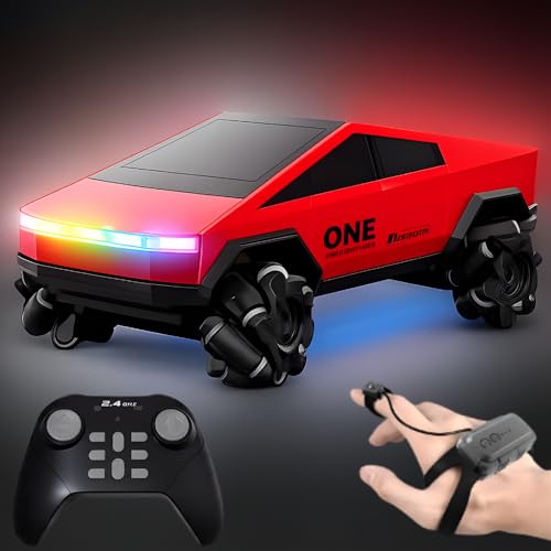 Image of RC Tesla Cyber Truck Style Stunt Car for Kids - 2.4GHz Remote Control Drift & Side Driving Toy | Scale 1:28 | 7 LED Colors of Light with Hand Gesture Control (Random Color)