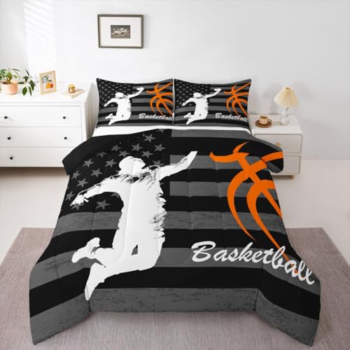 Image of Feelyou Basketball Player Comforter Set Full Size American Flag Bedding Set for Kids Boys Girls Gaming Sports Duvet Quilt Bedroom Decor Microfiber 3 Pcs with 2 Pillow Cases