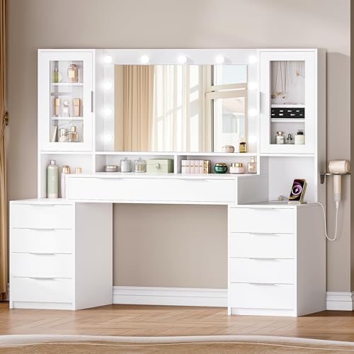 Hzuaneri 150 cm Coiffeuse avec éclairage LED, Coiffeuse avec multiprise, 11 Ampoules LED, Trois Couleurs D'éclairage, 10 Tiroirs, Rangement pour Bijoux,...