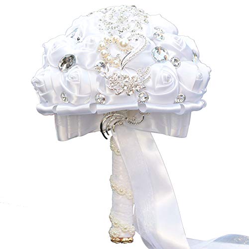 Dotkv Wedding Bouquet, Artifical Rose Posy With Satin Jeweled Throw Bouquet, Bridesmaid Holding Flowers,Wedding Bouquets Silk Flower, Wedding Memories Forever (Pure White) #TOP1