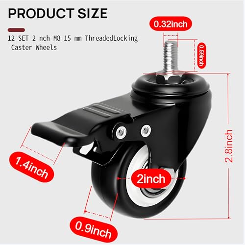 Heavy Duty Swivel Caster Wheels with Dual Brake, 2-in M8x15mm, 12 Pcs | 400 lb Capacity, 360 Degree Polyurethane Locking Casters, No Noise, M8 Threaded Stem Wheels for Desk Workbench Cart