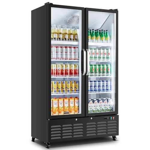 BODEGACOOLER Commercial Merchandiser Refrigerator 27.02 Cu.Ft Double Glass Door Beverage Cooler Upright Display Refrigerator with Soft LED Light Adjustable Shelves 4 Heavy-Duty Casters Black