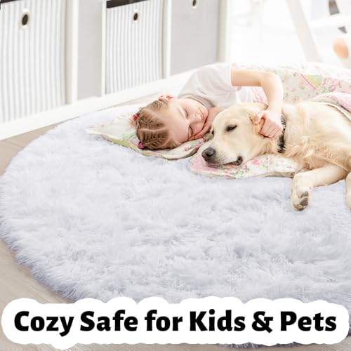 Amdrebio Weißer Runder Flauschiger Teppich für Schlafzimmer, Kinderzimmer und Schlafsaal - Niedlicher Plüschteppich – Ansicht 4