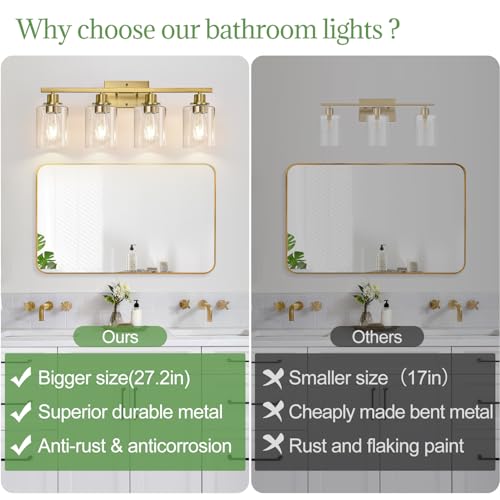 Image of MOKATNG 4-Light Bathroom Light Fixtures, Vanity Light with Clear Glass Shades, Brushed Gold Bathroom Light Fixtures Over Mirror, Modern Bathroom Wall Lamp for Mirror Living Room Cabinet Bedroom