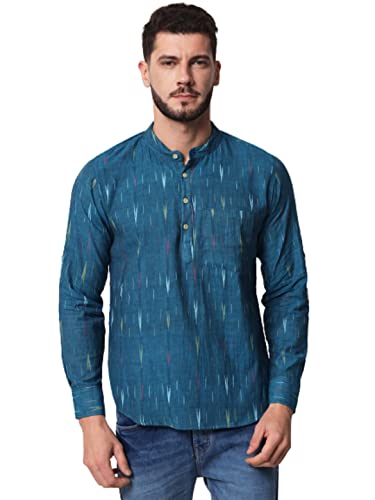 Image of Vastraa Fusion Men's Handloom Weaving Pure Cotton Short Kurta, Round Collar, Full Sleeves,Button Kurta, Ethnic Wear