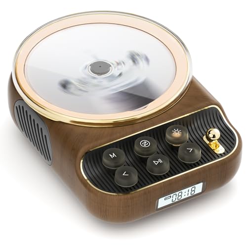 Reproductor de CD para el hogar, Escritorio, Reproductor de CD con Altavoces, Reproductores de CD, Bluetooth 5.3 con Control Remoto, Cubierta Antipolvo, Pantalla de Radio FM, Temporizador USB-Madera