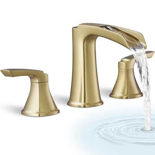 HOIGY Brass Waterfall Tub Faucet, 3 Hole Brushed Gold Bathtub Faucet Set, 6-16 Inch Widespread Deck Mount with 2 Handle & cUPC Supply Water Hoses for Roman Style, 20 Mins Quick Installation by HOIGY - Used condition - US$69.99