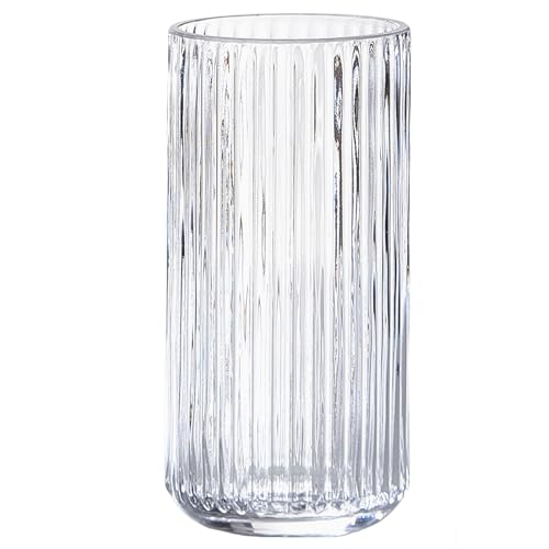 Clear Glass Flower Vase for Pampas Grass, 7.5 inch Medium Decorative Centerpiece Ribbed Vase for Dining Table, Office Desktop, Shelf Bookshelf, Mantel, Entryway, Bathroom, Countertop, Farmhouse, Gift