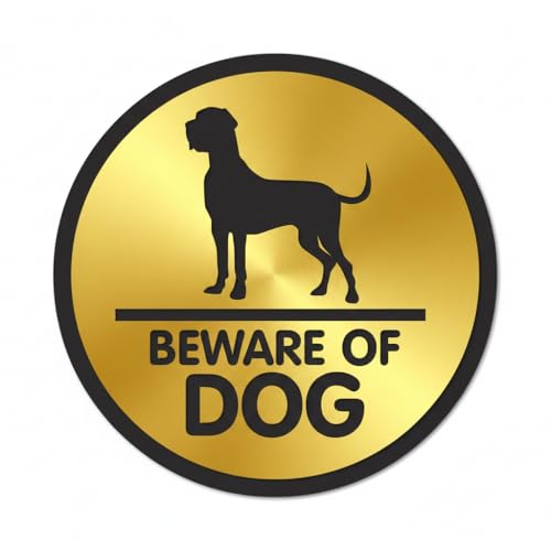 Image of Premium Brushed Golden Black Round Acrylic Beware of Dog Door Sign Easy to Mount Self-Adhesive Tape 5.8 Inch Signage for Home Resort Hotel Office Corporate Society Hospital Business
