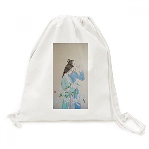 Sac cordon Fleur de lys style peinture chinoise en toile imprimée