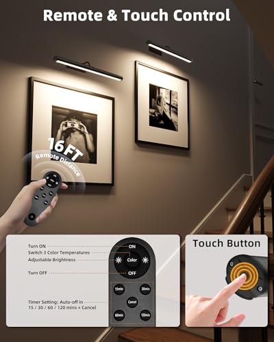 Image of EZVALO Picture Lights for Wall, 16in Rechargeable 6000mAh Battery Operated Painting Lights with Remote, Wireless Wall Light for Gallery, Living Room, Hallway (Black)