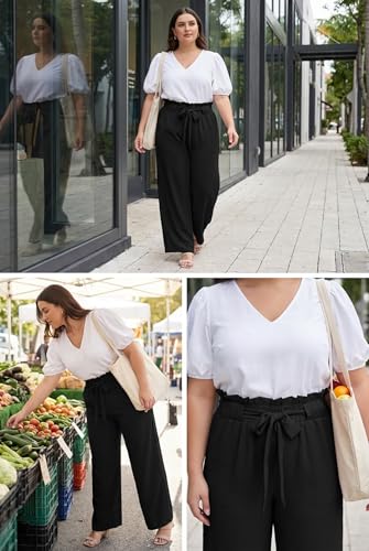 Image of OLRIK Women's Plus Size Pants Adjustable High Waisted Wide Leg Palazzo Pants Casual Trousers with Pockets Spring Clothes