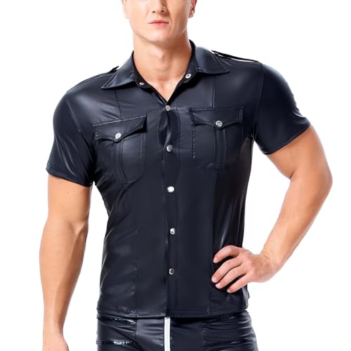 Moinha Herren Leder Hemd Lack-Optik Jacke Herren Wetlook T-Shirt Kurzarm Kunstleder Freizeithemd Männer Shirt mit Knopfleiste Hemd Slim Fit Latex...