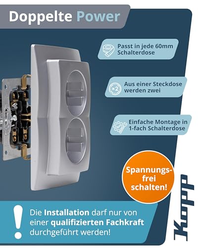 Kopp PARIS 2-fach Schutzkontaktsteckdose in Arktis-Weiß - Unterputz-Steckdose für Einbau in 1-fach Schalterdose - IP20 Einbausteckdose ohne Berührungsschutz - Steckdosen-Unterputz 16A & 250V~