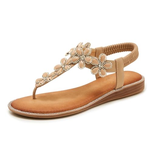 Image of Generisch Fashion Bohemian Style Sparkly Toe Post Summer Sandals Beach Holiday Leisure, beige, 4 UK